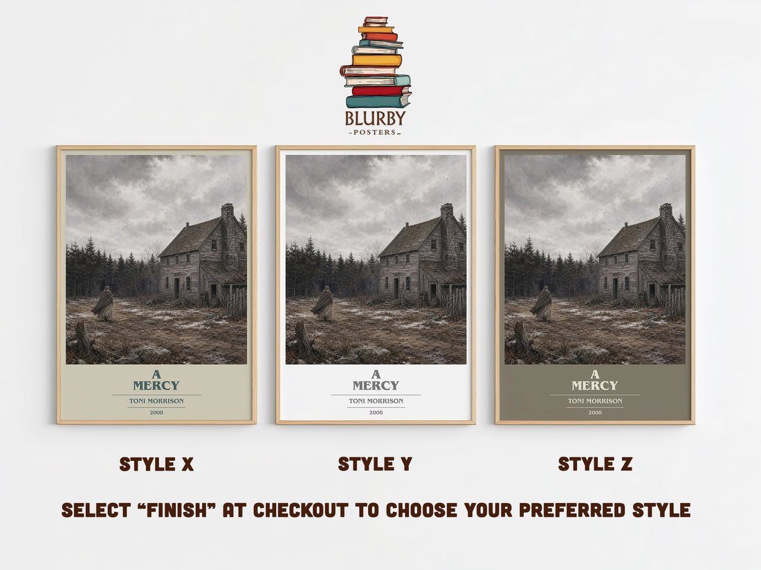 A Mercy book cover print in frame leaning in hallway – literary fiction wall art (mockup)