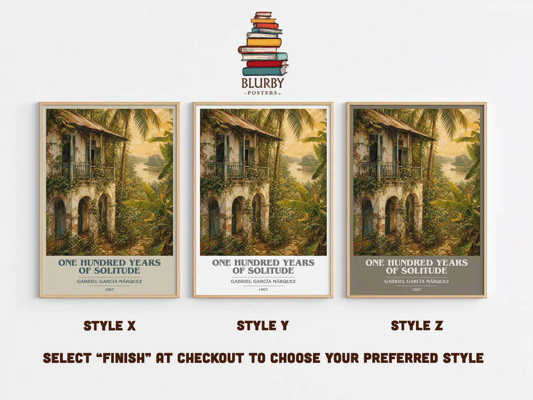 One Hundred Years of Solitude book cover print in frame leaning in hallway – literary fiction wall art (mockup)