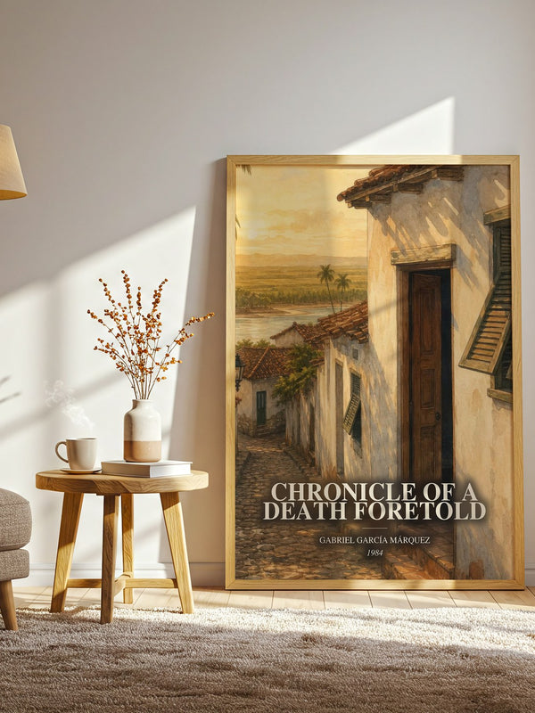 Chronicle of a Death Foretold watercolour print in frame leaning in hallway – literary fiction wall art