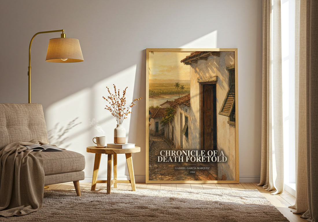 Chronicle of a Death Foretold watercolour print in frame leaning in hallway – literary fiction wall art (mockup)
