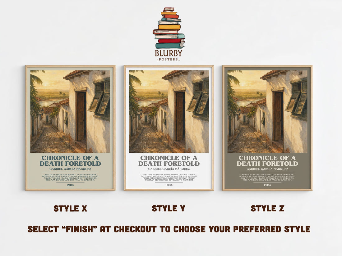 Chronicle of a Death Foretold bookish print in frame leaning in hallway – literary fiction wall art (mockup)