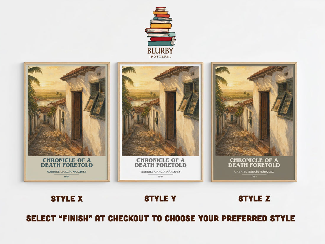 Chronicle of a Death Foretold book cover print in frame leaning in hallway – literary fiction wall art (mockup)