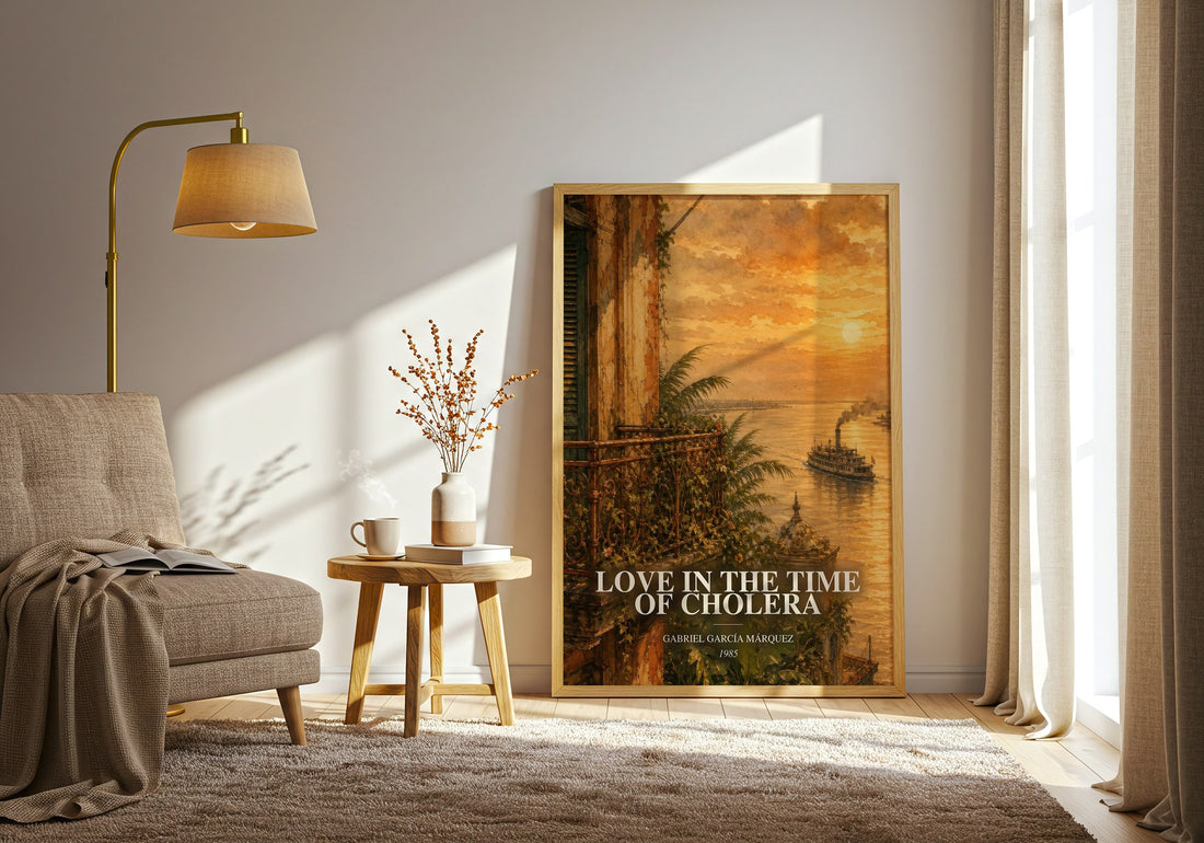 Love in the Time of Cholera watercolour print in frame leaning in hallway – literary fiction wall art (mockup)