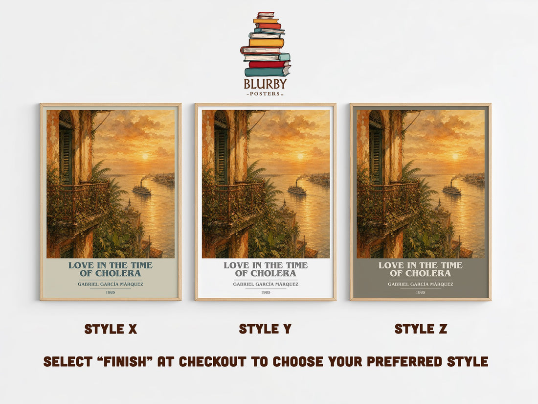 Love in the Time of Cholera book cover print in frame leaning in hallway – literary fiction wall art (mockup)