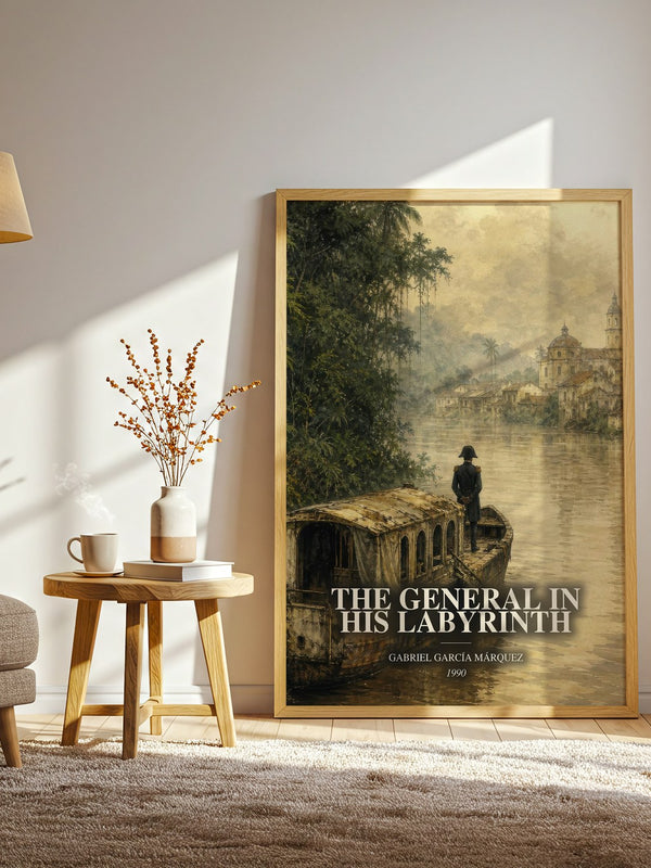 The General in His Labyrinth watercolour print in frame leaning in hallway – historical fiction wall art