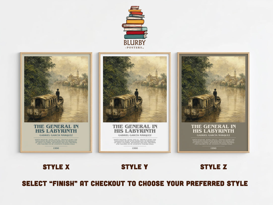 The General in His Labyrinth bookish print in frame leaning in hallway – historical fiction wall art (mockup)