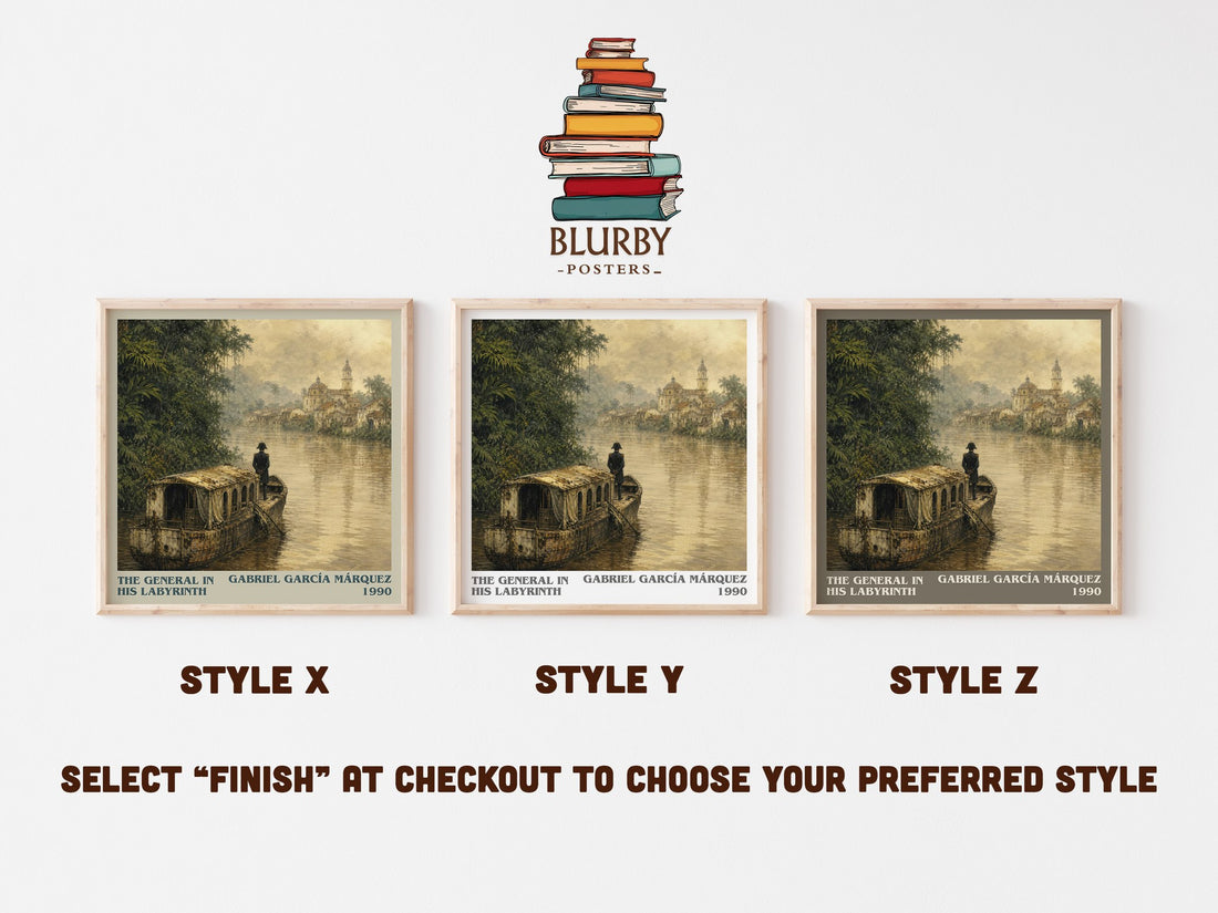 The General in His Labyrinth literary print in frame leaning in hallway – historical fiction wall art (mockup)