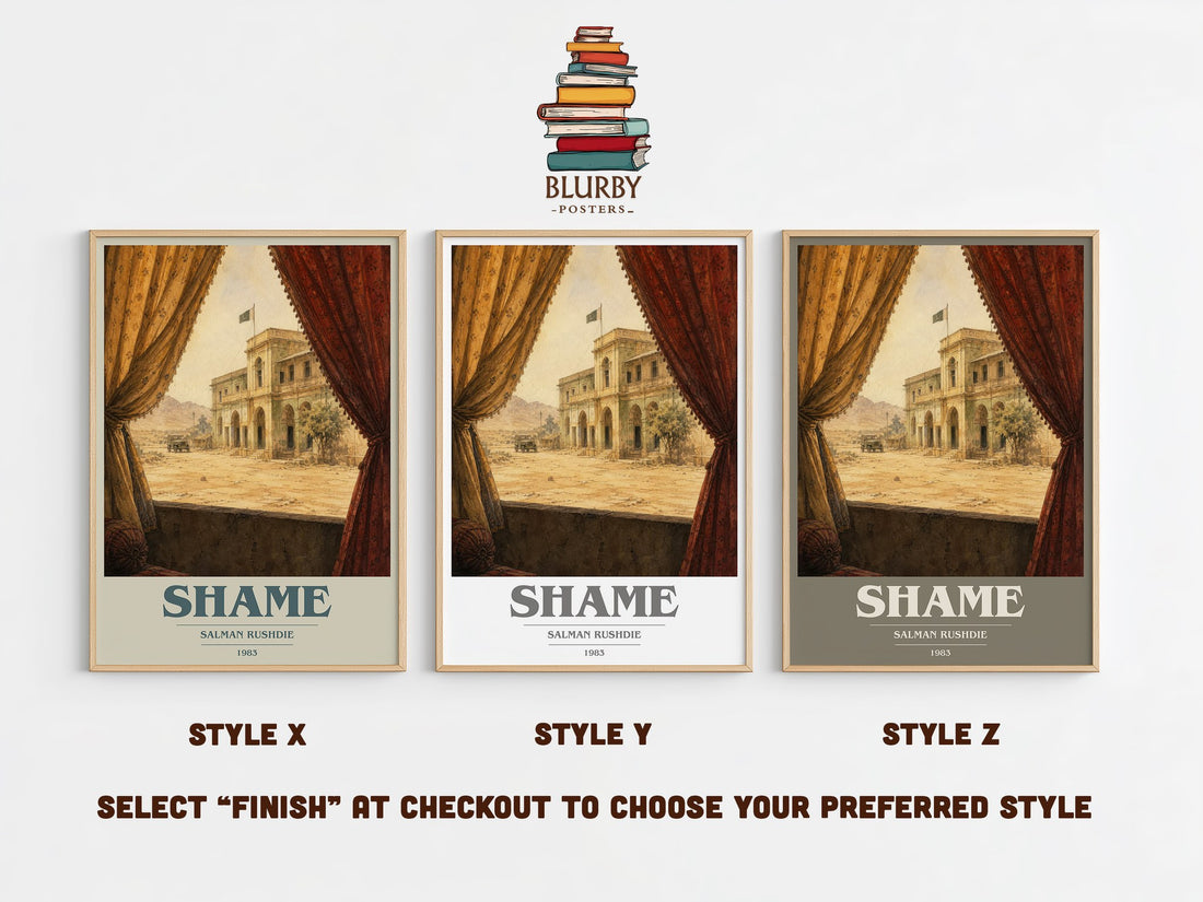 Shame book cover print in frame leaning in hallway – literary fiction wall art (mockup)