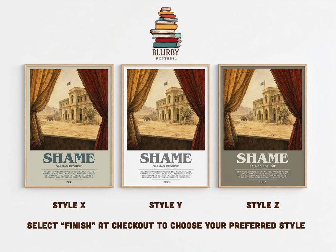 Shame bookish print in frame leaning in hallway – literary fiction wall art (mockup)