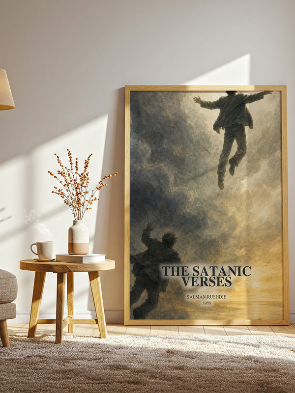 The Satanic Verses watercolour print in frame leaning in hallway – literary fiction wall art