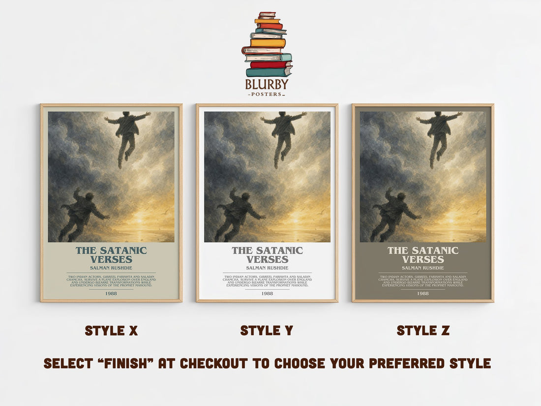 The Satanic Verses bookish print in frame leaning in hallway – literary fiction wall art (mockup)