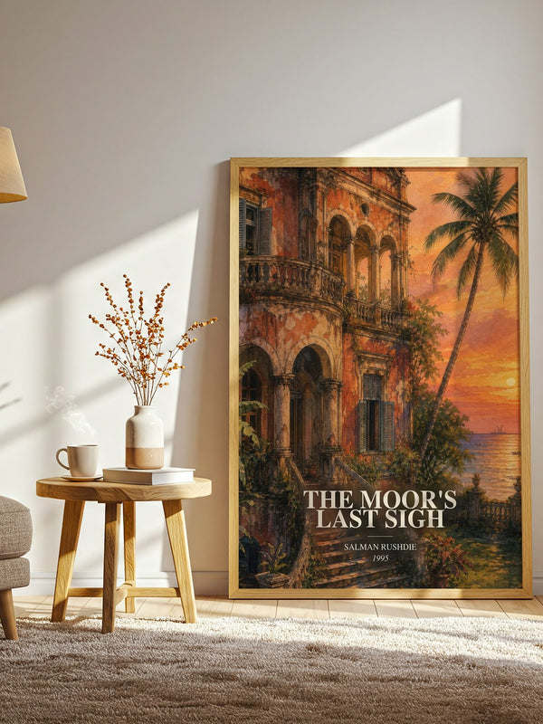 The Moor's Last Sigh watercolour print in frame leaning in hallway – literary fiction wall art
