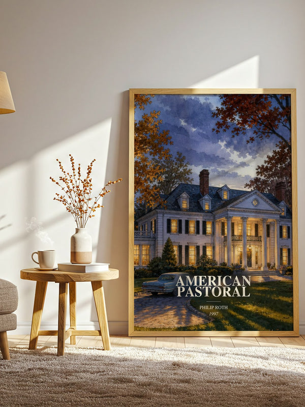 American Pastoral watercolour print in frame leaning in hallway – literary fiction wall art