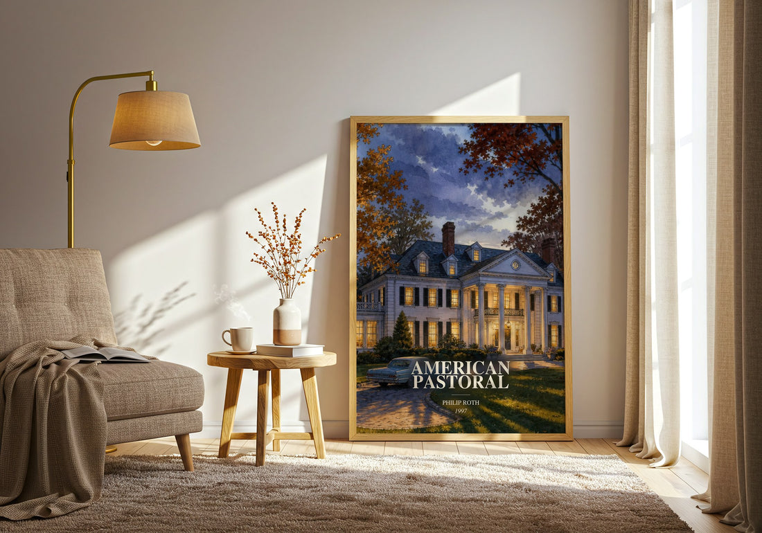 American Pastoral watercolour print in frame leaning in hallway – literary fiction wall art (mockup)