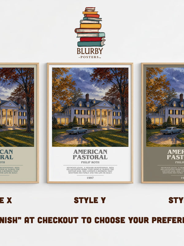 American Pastoral bookish print in frame leaning in hallway – literary fiction wall art