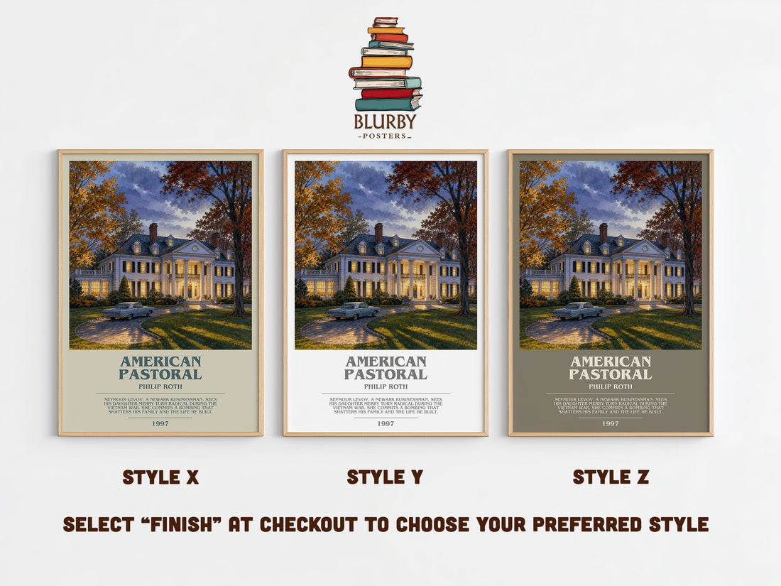 American Pastoral bookish print in frame leaning in hallway – literary fiction wall art (mockup)
