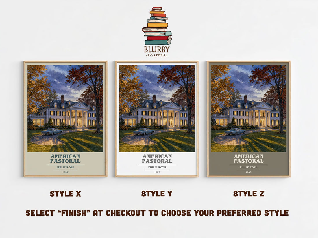 American Pastoral book cover print in frame leaning in hallway – literary fiction wall art (mockup)