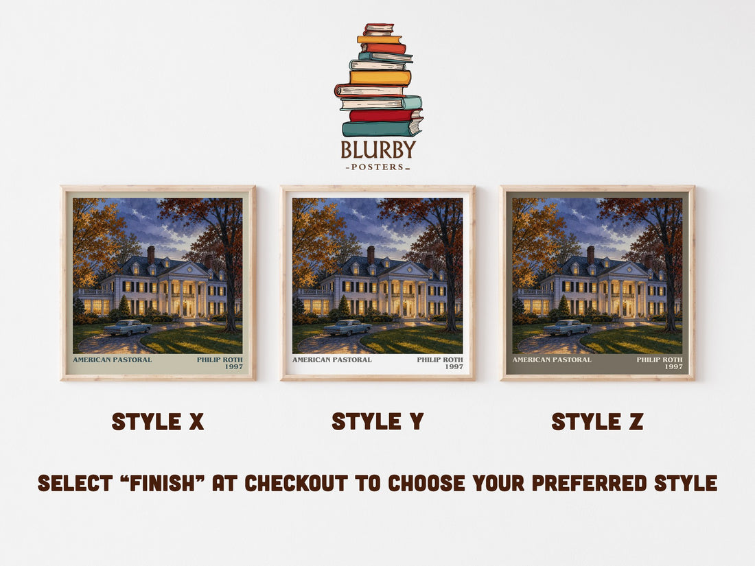 American Pastoral literary print in frame leaning in hallway – literary fiction wall art (mockup)