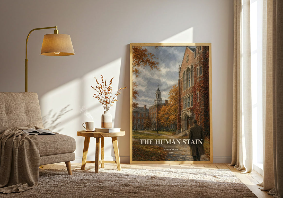 The Human Stain watercolour print in frame leaning in hallway – literary fiction wall art (mockup)