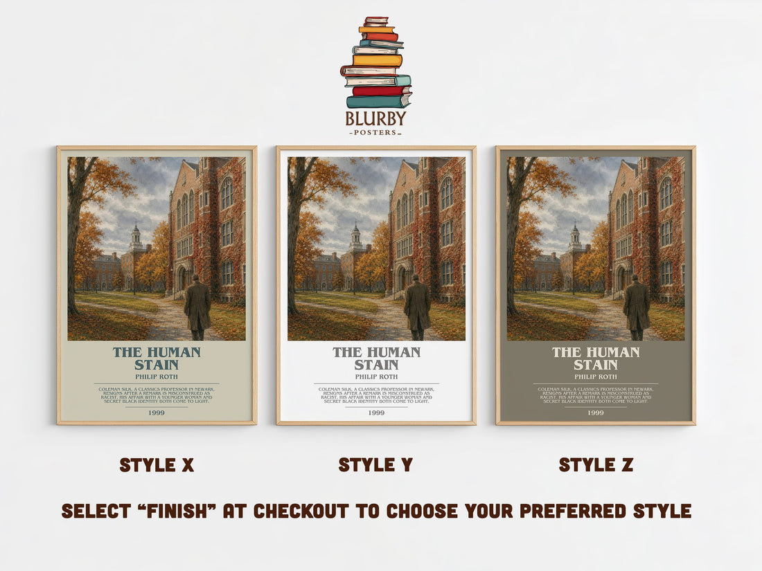 The Human Stain bookish print in frame leaning in hallway – literary fiction wall art (mockup)