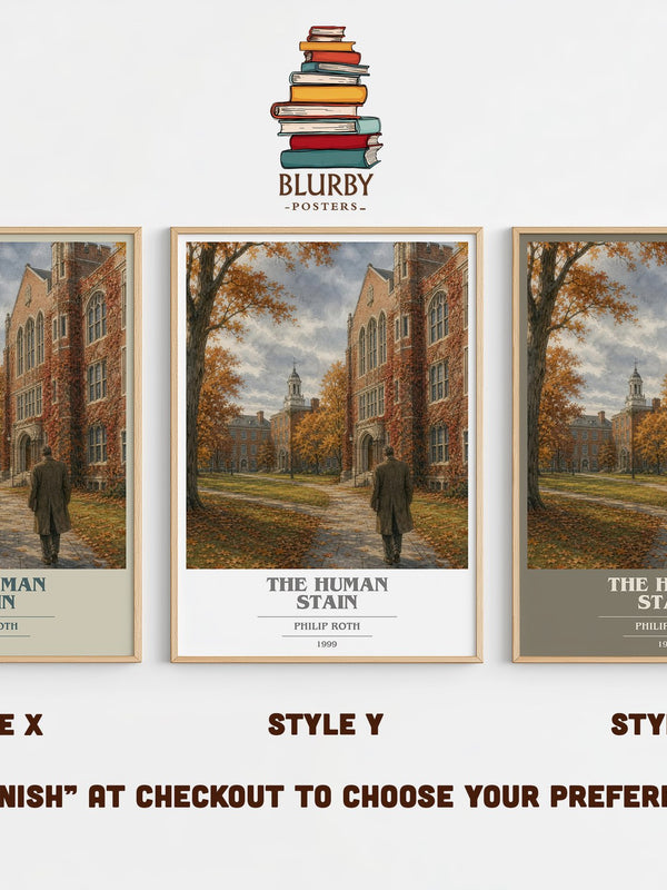 The Human Stain book cover print in frame leaning in hallway – literary fiction wall art