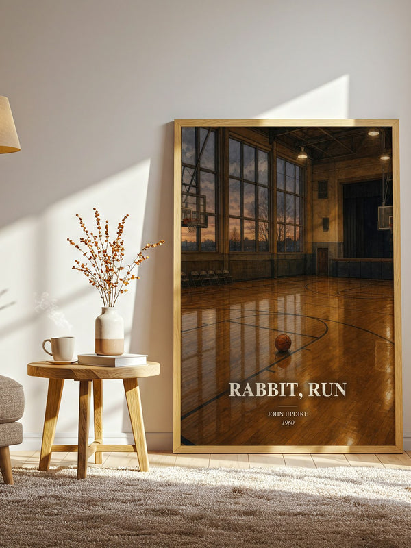 Rabbit, Run watercolour print in frame leaning in hallway – literary fiction wall art