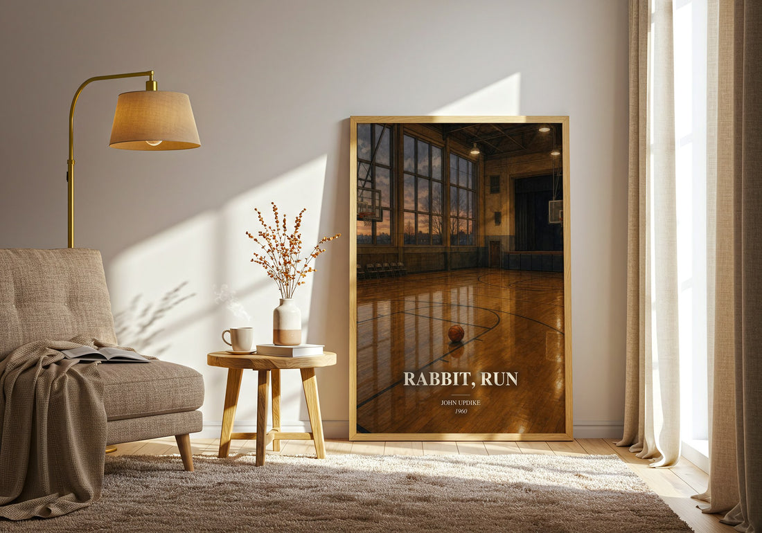 Rabbit, Run watercolour print in frame leaning in hallway – literary fiction wall art (mockup)