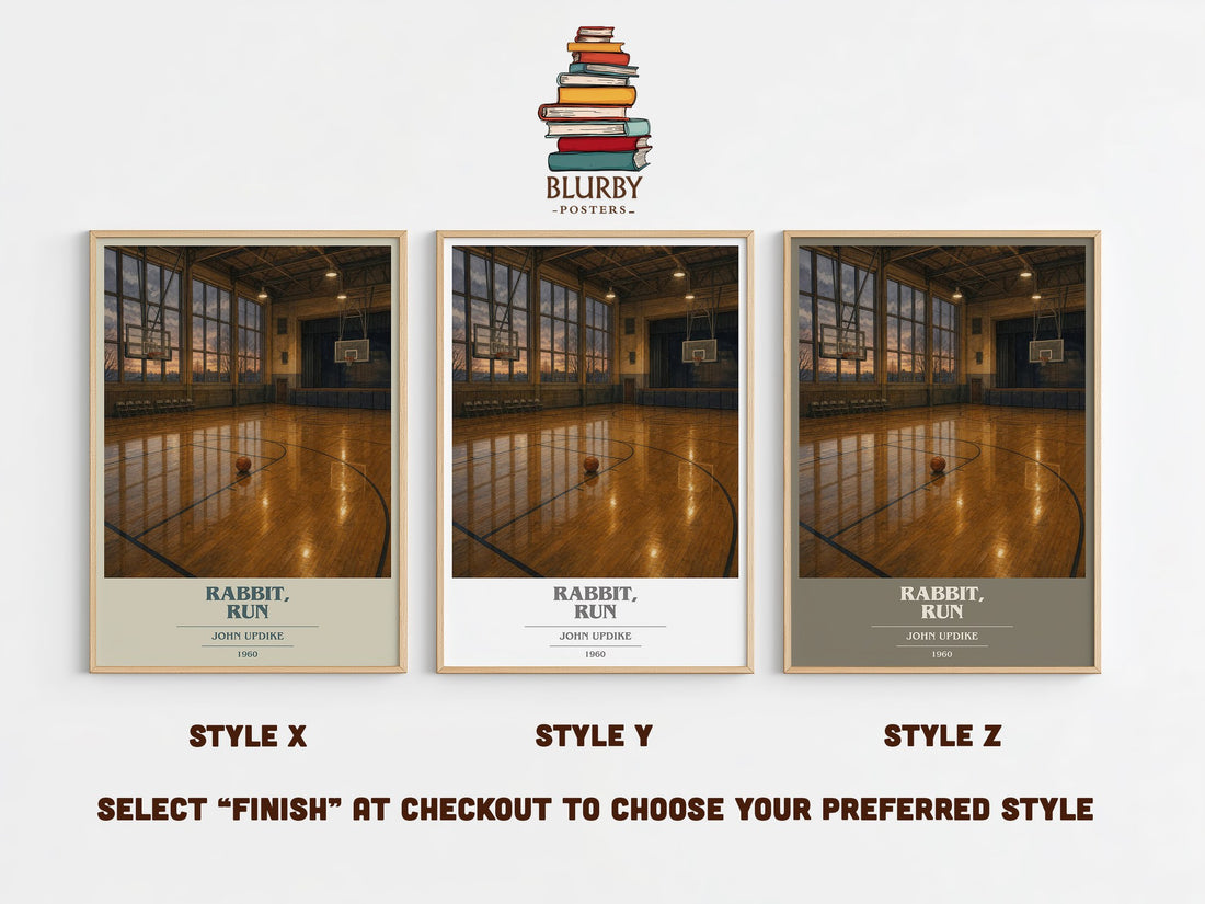 Rabbit, Run book cover print in frame leaning in hallway – literary fiction wall art (mockup)