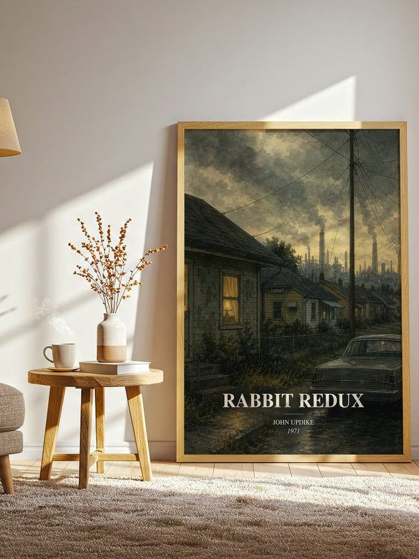 Rabbit Redux watercolour print in frame leaning in hallway – literary fiction wall art