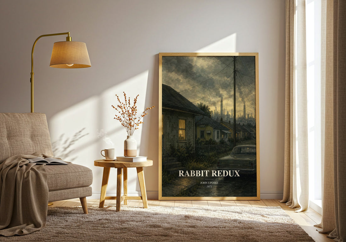 Rabbit Redux watercolour print in frame leaning in hallway – literary fiction wall art (mockup)