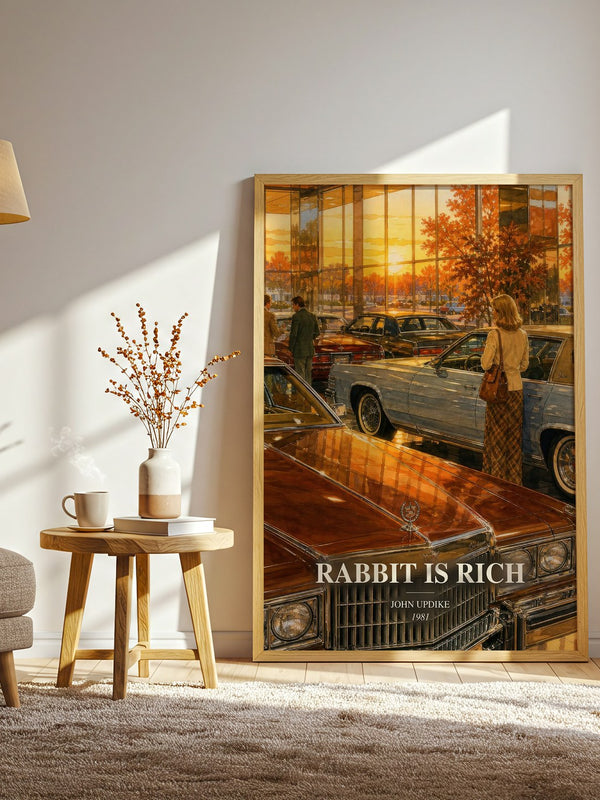 Rabbit Is Rich watercolour print in frame leaning in hallway – literary fiction wall art