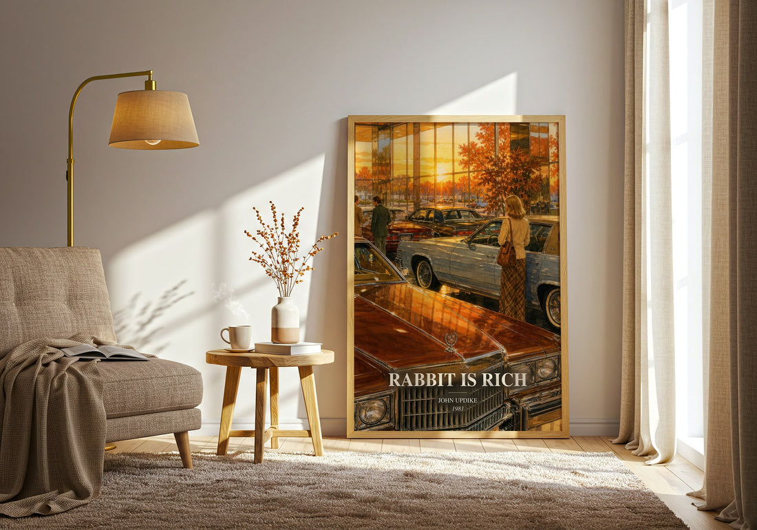 Rabbit Is Rich watercolour print in frame leaning in hallway – literary fiction wall art (mockup)