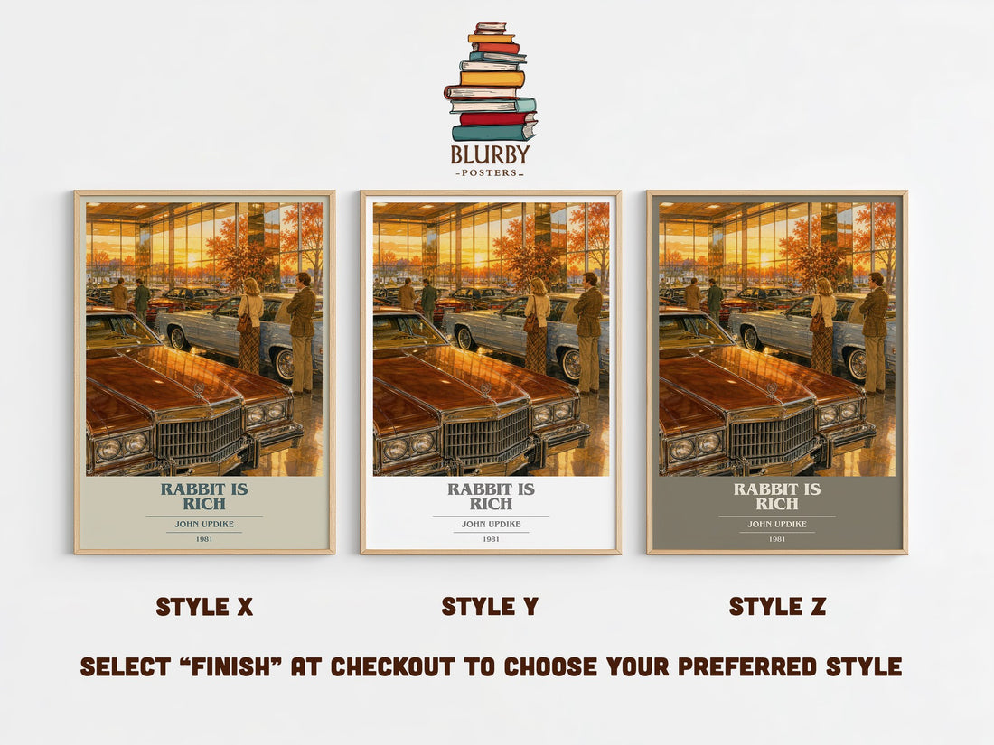 Rabbit Is Rich book cover print in frame leaning in hallway – literary fiction wall art (mockup)