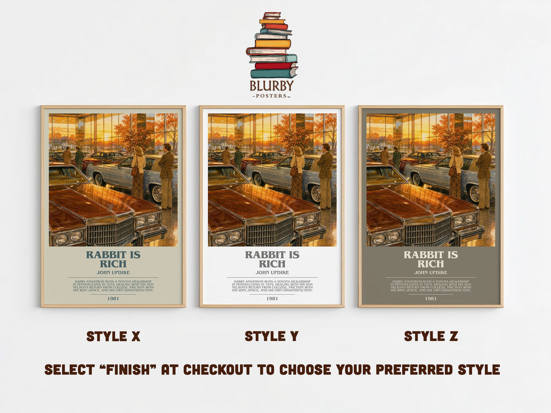 Rabbit Is Rich bookish print in frame leaning in hallway – literary fiction wall art (mockup)