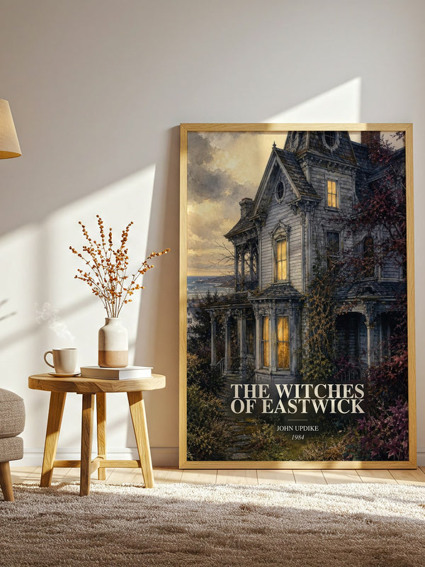 The Witches of Eastwick watercolour print in frame leaning in hallway – literary fiction wall art