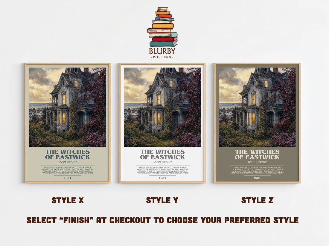 The Witches of Eastwick bookish print in frame leaning in hallway – literary fiction wall art (mockup)