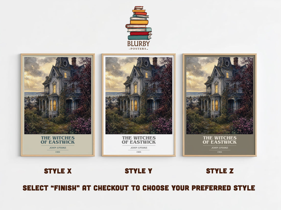 The Witches of Eastwick book cover print in frame leaning in hallway – literary fiction wall art (mockup)