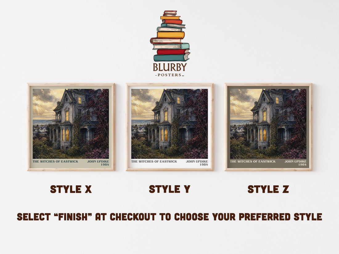 The Witches of Eastwick literary print in frame leaning in hallway – literary fiction wall art (mockup)