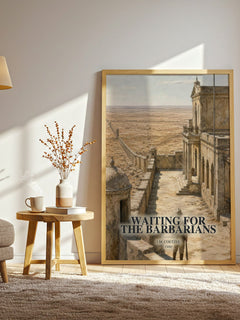 Waiting for the Barbarians watercolour print in frame leaning in hallway – literary fiction wall art