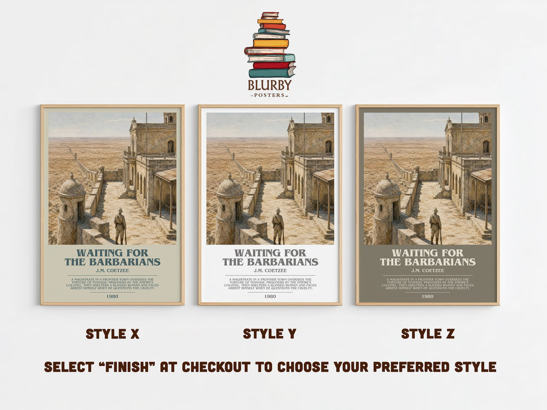 Waiting for the Barbarians bookish print in frame leaning in hallway – literary fiction wall art (mockup)