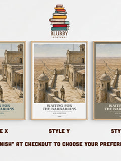 Waiting for the Barbarians book cover print in frame leaning in hallway – literary fiction wall art