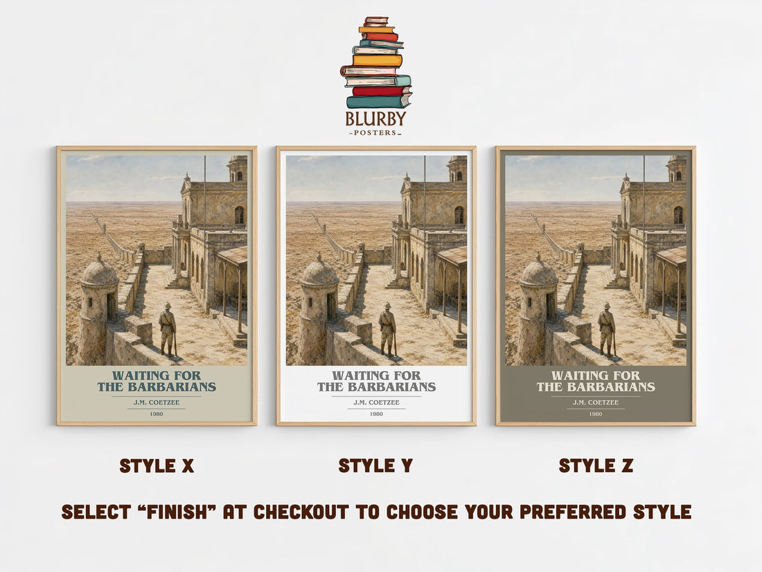 Waiting for the Barbarians book cover print in frame leaning in hallway – literary fiction wall art (mockup)