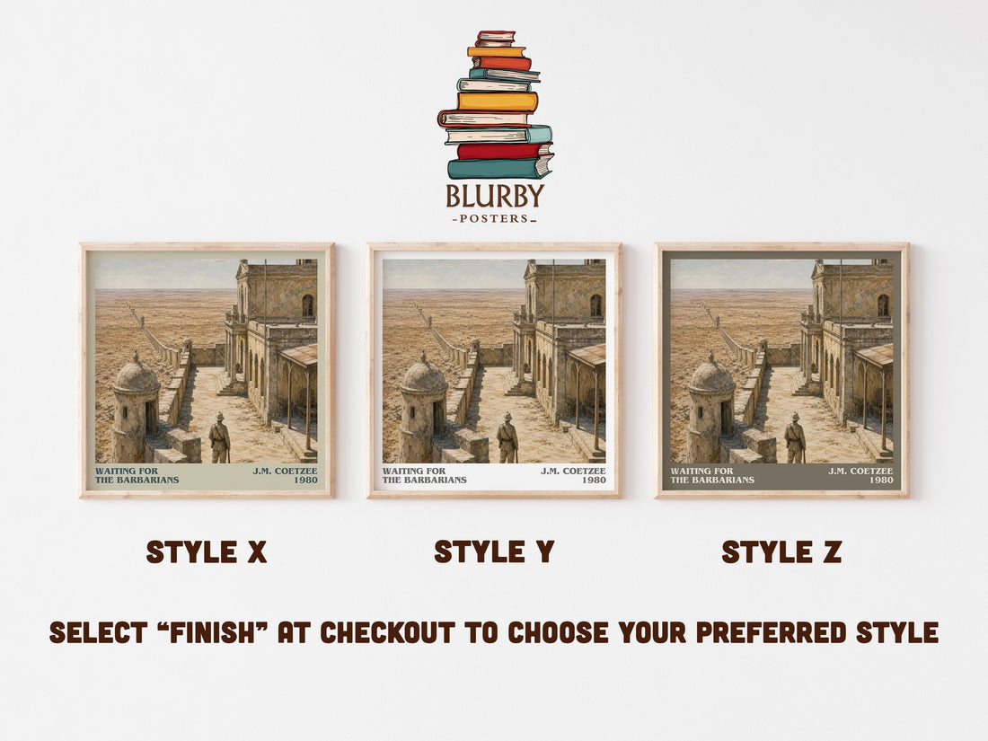 Waiting for the Barbarians literary print in frame leaning in hallway – literary fiction wall art (mockup)