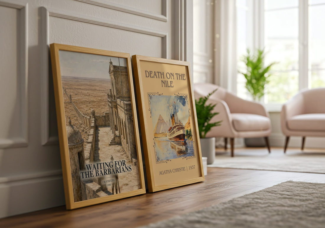 Waiting for the Barbarians watercolour print framed by window – literary home decor