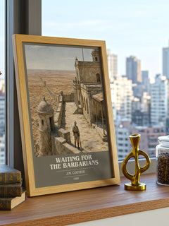 Waiting for the Barbarians book cover print framed by window – literary home decor
