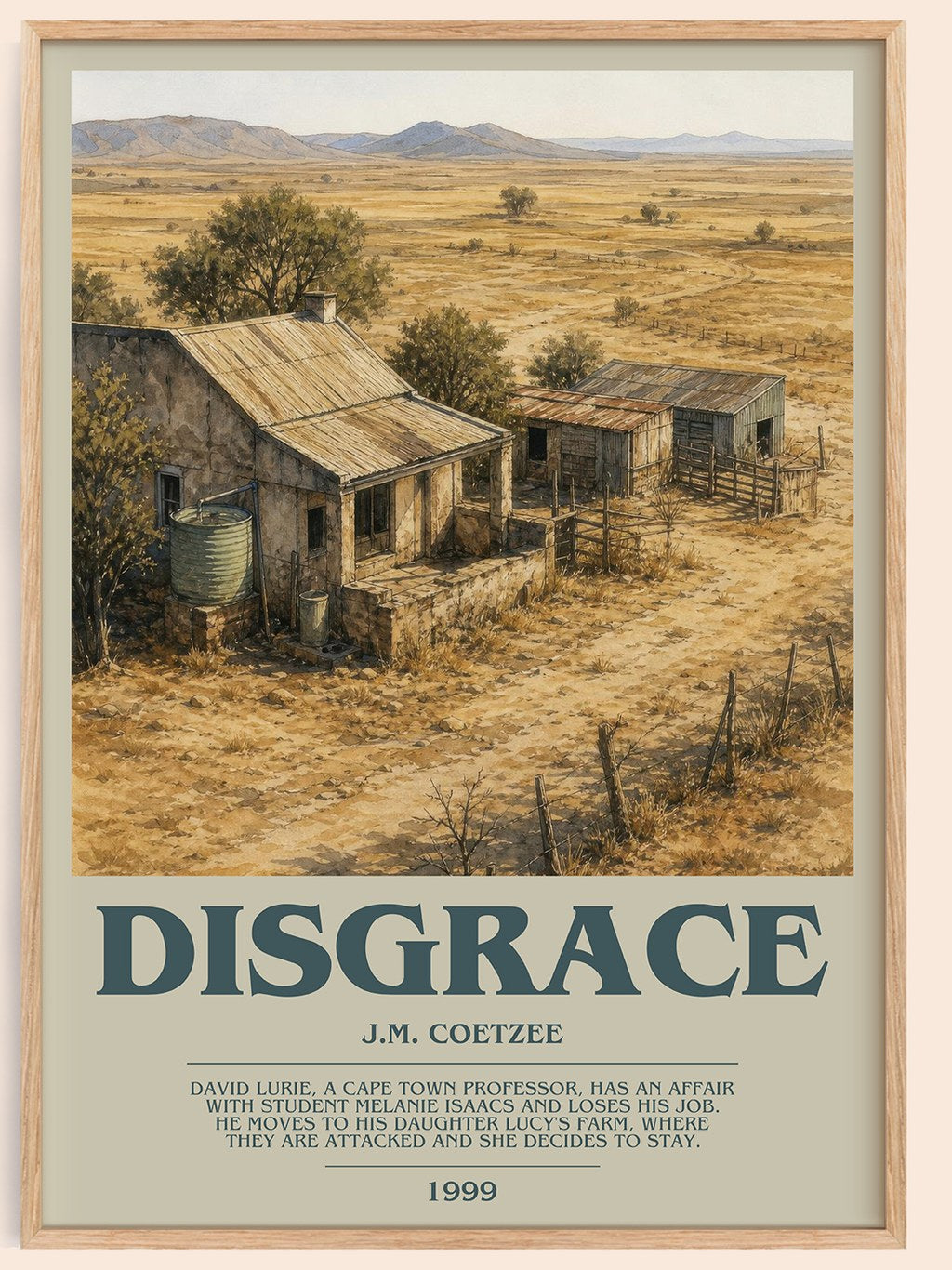 Disgrace bookish book poster by J.M. Coetzee – framed literary art print