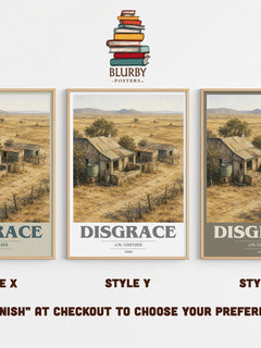 Disgrace book cover print in frame leaning in hallway – literary fiction wall art