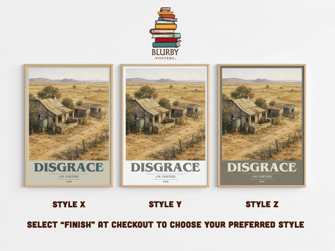Disgrace book cover print in frame leaning in hallway – literary fiction wall art (mockup)
