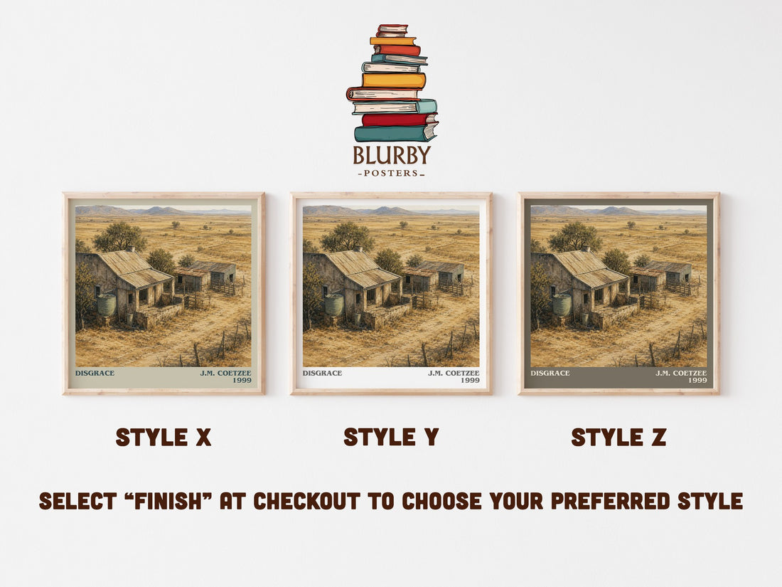 Disgrace literary print in frame leaning in hallway – literary fiction wall art (mockup)