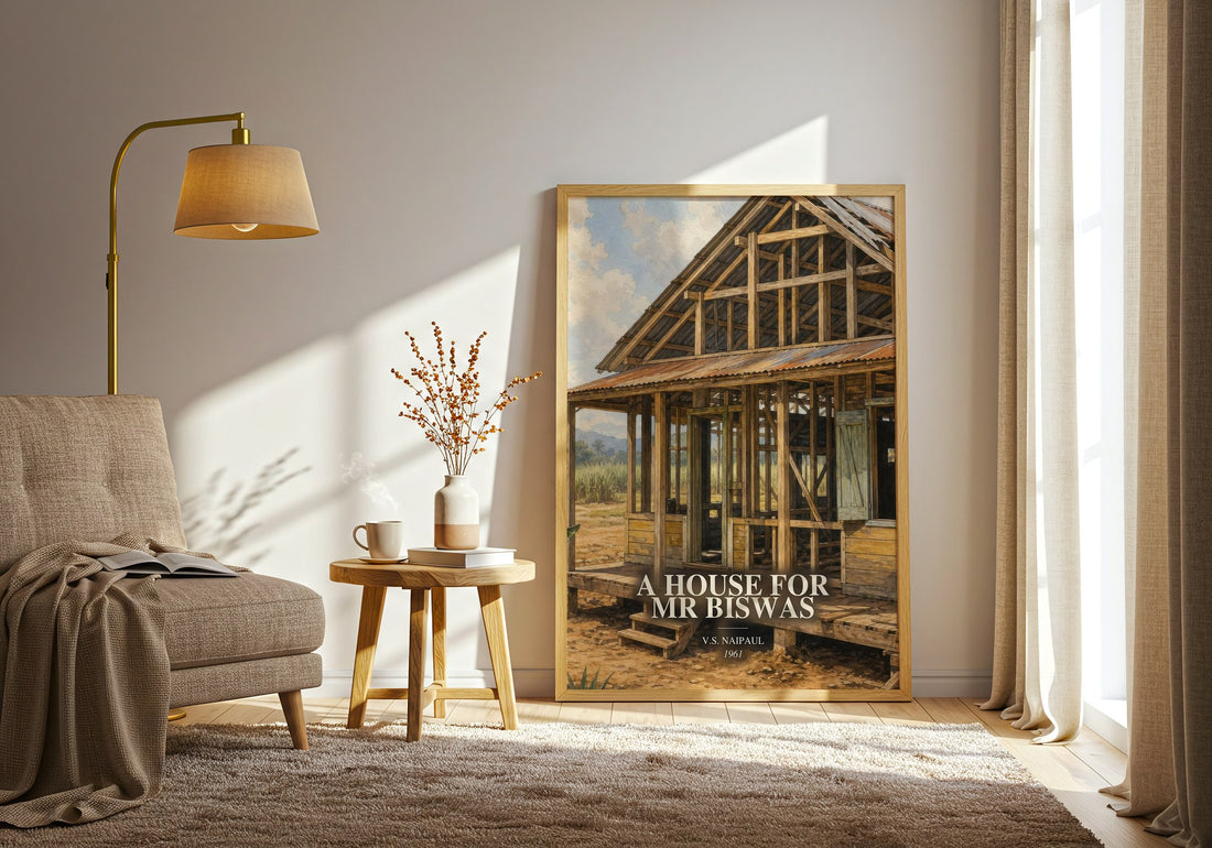 A House for Mr Biswas watercolour print in frame leaning in hallway – literary fiction wall art (mockup)